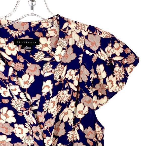 Sanctuary blue floral flutter short sleeve button up blouse Sz Small - Picture 3 of 13